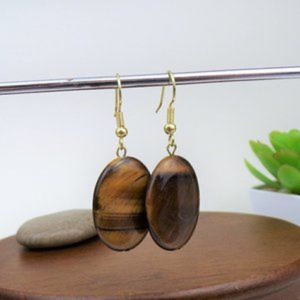 Oval Tiger Eye Bead Gold Tone Hook Earrings